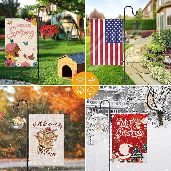 LOPANNY Large Garden Flag Holder Stand Pole for 28 x 40 Flags with Shepherds Hooks for Outdoor - 2 Pack Upgraded Sturdy 60In Yard Flag Post Stake for Outdoor Decor(without Solar Lights & Flag)