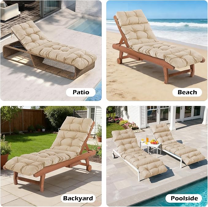 Chaise Lounge Cushions Outdoor, Waterproof & Fade Resistant Patio Lounge Chair Cushions for Outdoor Furniture, Chaise Cushion with Ties for Patio, Pool, Lawn and Beach, 75.1x22.8x4.7 Inch, Beige