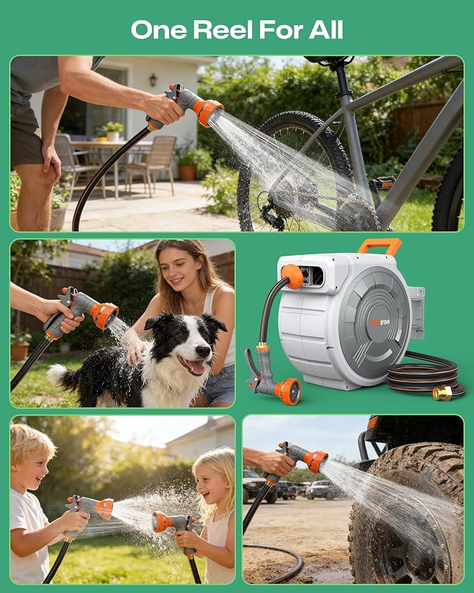 Retractable Garden Hose Reel 5/8"x100ft, 3-Ply Reinforced water hose reel, Any Length Lock, Heavy-Duty Rust Prevention Metal Mount, Brass Fitting, 9 Spray Nozzle for Lawn & Gardening