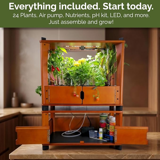 Hydroponics Growing System – Wooden Indoor Herb Garden Kit with LED Grow Light, 24 Starter Plants Included, Scalable to 96 Plants, No Subscriptions, Just Add Water