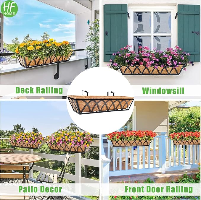 HFHOME 24 inch 2 Pack Railing Planter Boxes, Heavy Duty Window Box Planters, Adjustable Balcony Planters for Railing Hanging, with Coco Liner & Support Rod for Deck, Porch, and Patio Gardening
