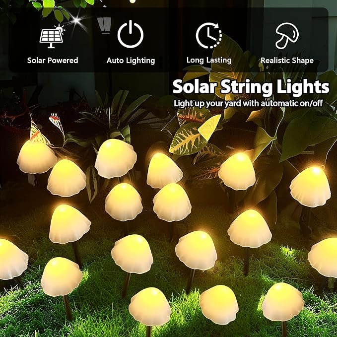 OZS 2PK 32LED 55FT Mushroom Solar Garden Lights Outdoor, Solar String Lights Waterproof with 8 Lighting Modes, Solar Garden Decor for Outside, Pathway Light for Yard Decoration (Warm White)