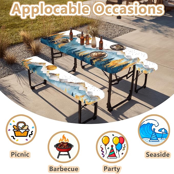Picnic Table Cover with Bench Covers Elastic Edges, Outdoor Patio Camping Essentials 72 Inch 3PCS, Waterproof Camping Fitted Tablecloth with Handbags (Boho mountain)