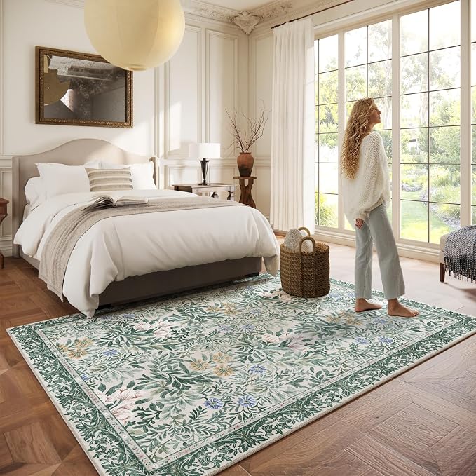 Botanical Floral Area Rug 6x9 Light Green Cream Vintage Garden Design, Perfect for Living Room, Bedroom, Kids Room, Nursery - Stain & Water Resistant Non-Slip, Pet & Child Friendly Area Rugs