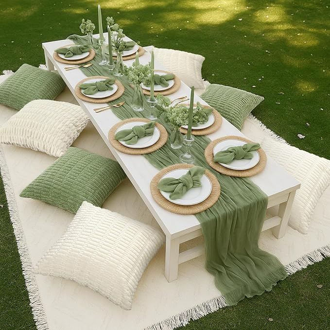 Beeveer 14 Pack Picnic Kit 91x71 Inch Extra Large Outdoor Boho Picnic Blanket with Sage Green Table Runner, 6 Throw Pillow Covers 6 Napkin Woven Cotton Yarn Washable Beach Blanket for Camp Wedding