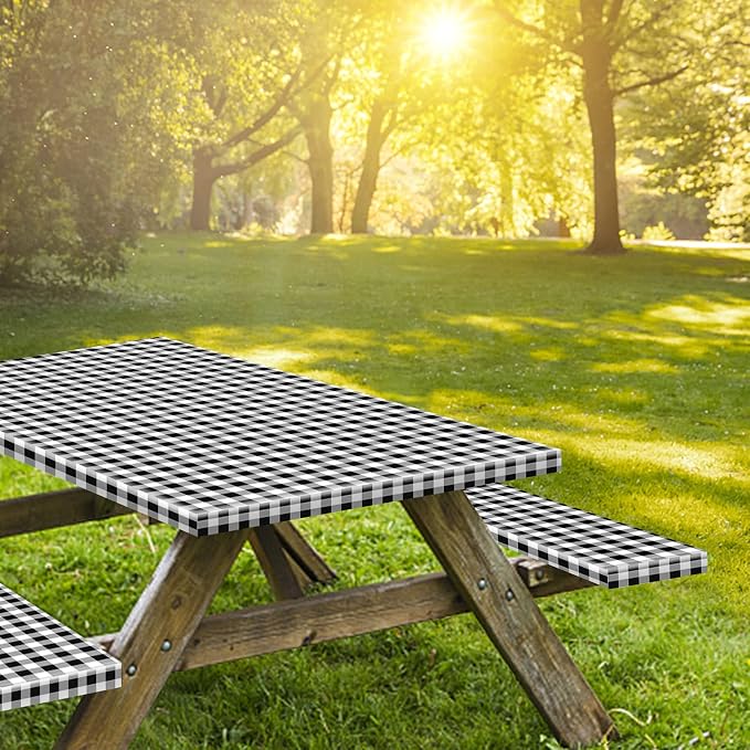 8.5ft Picnic Table and Bench Cover, Camping Essentials RV Gear, 102 in Waterproof Windproof Outdoor Elastic All Around Tablecloth, Fitted Rectangle Tables and Seats, Black-White Checkered