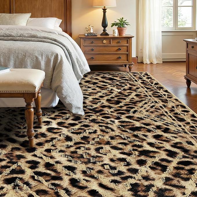 5'x7' Washable Area Rug for Living Room Bedroom Leopard | Soft Western No Slip Low Pile Print Foldable Indoor for Kitchen Dining Room
