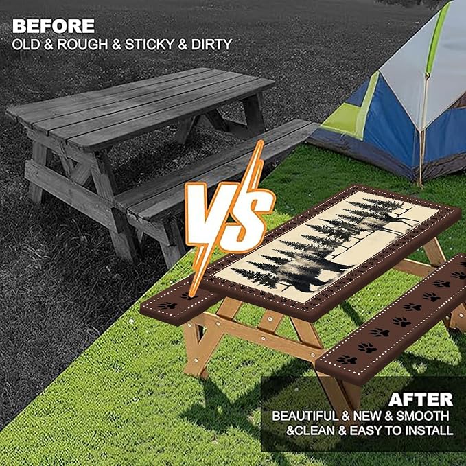 Picnic Table Cover with Bench Covers and Bag, Farmhouse Bear Camper Waterproof Windproof, Fitted Tablecloth Cover with Elastic Edge, for Indoor & Outdoor, Garden, Camping, 3 Pieces Set, 30x60 Inch