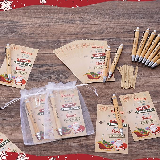 Marspark 30 Set Vintage Christmas Gifts Bulk Christmas Ballpoint Pens and Greeting Cards Set with Bag Twist Ties for Employee Coworker Teacher Student School Office Home Party Favor