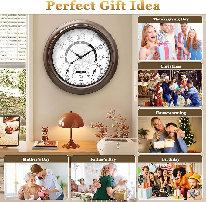 Pytha Sight Illuminated Large Metal Outdoor Clocks Waterproof 18 Inches With AI Auto Light Smart Sensor,Extra Big Indoor Outdoor Wall Clocks With Thermometer & Hygrometer for Patio, Pool, Garden,Porch