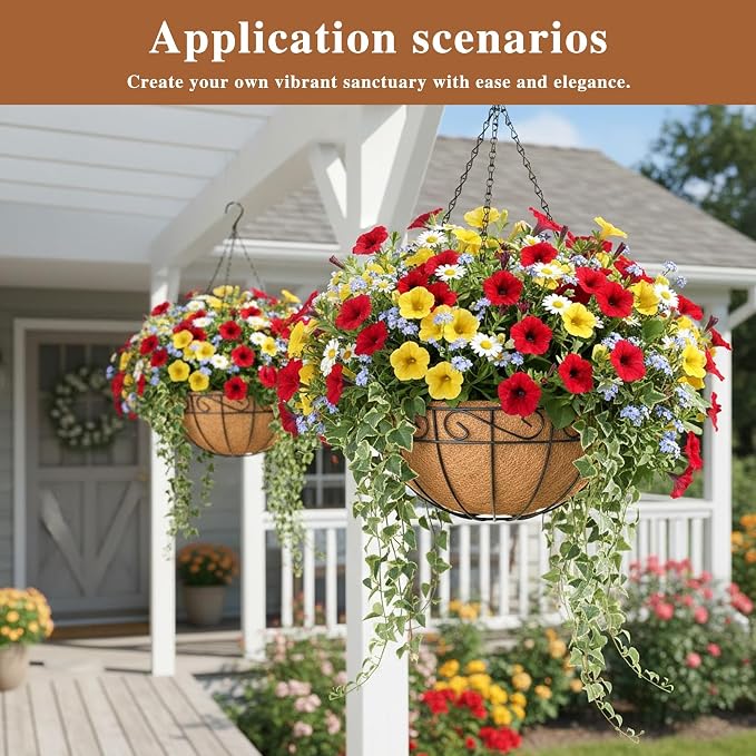 4 Pack Hanging Planter for Outdoor Plants 12 inch Metal Hanging Flower Basket with Coco Coir Liner Round Wire Plant Holder Chain Flower Pots Outdoor Garden Decoration Watering Hanging Baskets(HB)