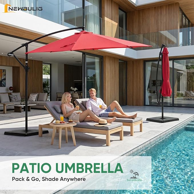 NEWBULIG 10FT Patio Umbrella, Offset Cantilever Outdoor Patio Table Umbrella, UV Protection, Fade Resistant Fabric, Easy Tilt Adjustment for Pool, Deck, Garden, Backyard, Red