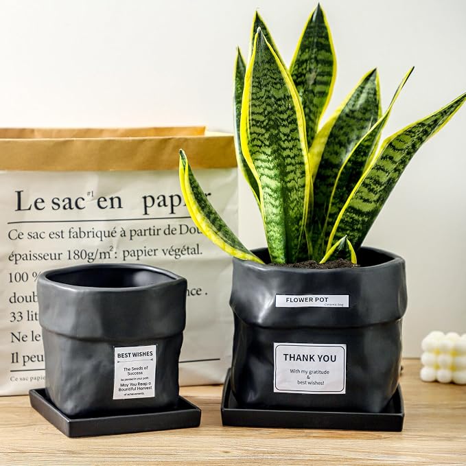 Nihow 8 Inch Ceramic Plant Pot with Drainage & Square Saucer,Black | Bag Shape Design,Indoor & Outdoor,Living room/Office/Bedroom/Windowsill/Tabletop,Plant Lovers/Gardeners/Beginners
