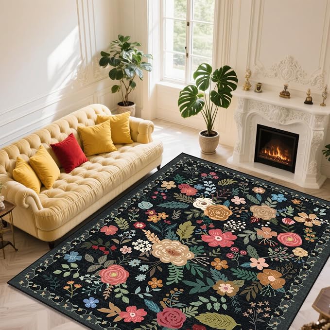 Extra Large 10x14 Area Rug for Living Room, Washable Rugs for Dining Room, Bedroom, Non Slip Stain Resistant Carpet, Low Pile Vintage Floral Rug (Black)