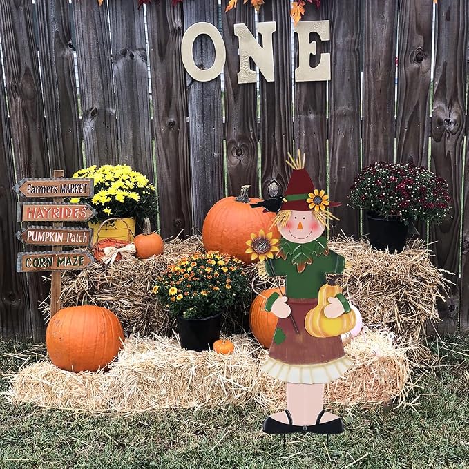 YEAHOME Outdoor Fall Decor, Metal Girl Scarecrow Garden Stakes with Sunflowers & Pumpkin for Fall Decorations, Scarecrow Yard Signs for Outside Garden Lawn Porch Thanksgiving Decorations Outdoor