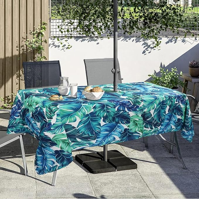 Outdoor Tablecloth with Umbrella Hole and Zipper, Rectangle Patio Table Covers for Spring/Summer, Machine Washable Outdoor Picnic Table Cloth (Palm Leaves, 60" × 102" Rectangular)
