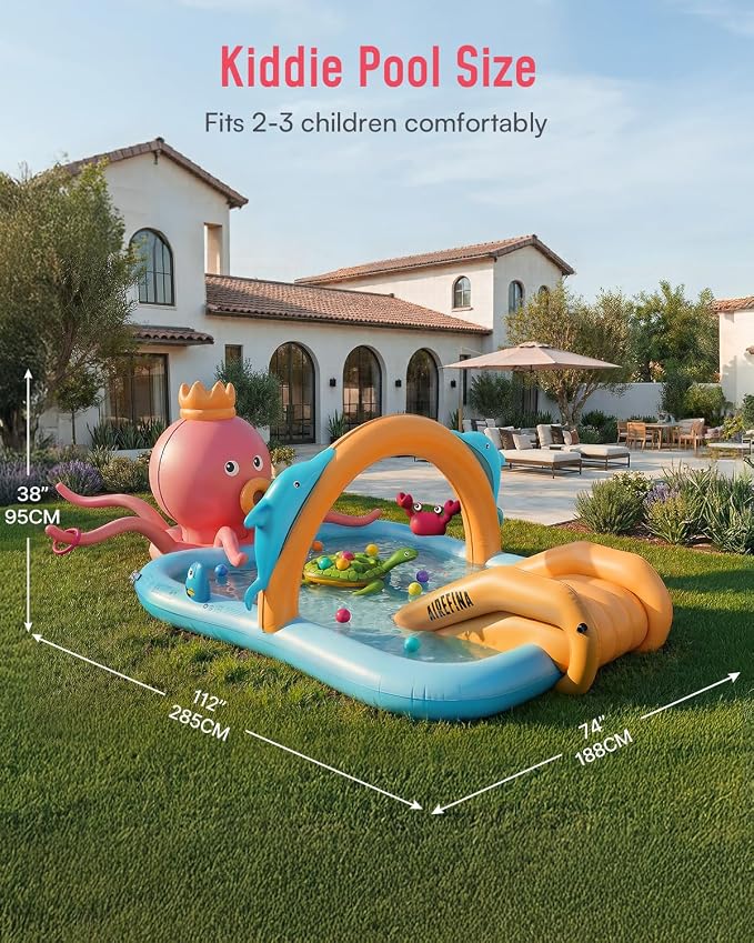 Airefina Inflatable Kiddie Pool, Detachable Octopus King Toddler Pool with Water Slide Splash Pad, Inflatable Play Center with Turtle Toss Target for Backyard, Garden, Water Park, Ages 3+