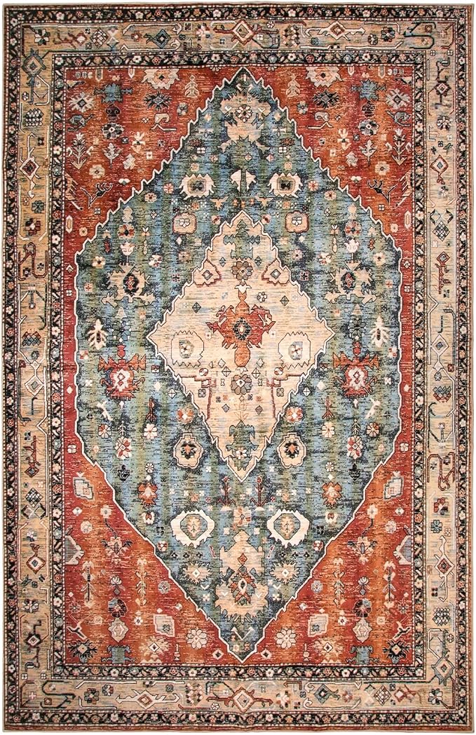 Lahome Boho Tribal 8x10 Area Rugs for Living Room, 8 x 10 Washable Rug for Bedroom Aesthetic, Large Oriental Vintage Soft Dining Room Carpet for Under Table Playroom (Rust/Dull Teal,8x10ft)