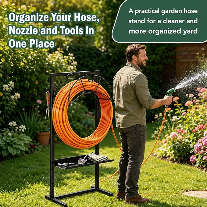 facka Garden Hose Holder Freestanding Metal Hose Stand 4-Prong Shelf Hooks | Holds up to 160FT Hose for Yard Garden Outdoor,Water Hose Holder and Hose Hanger, Alternative to Hose Reels for Outside