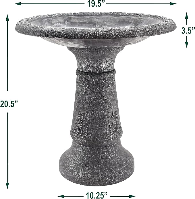 Arcadia Garden Products BB05 Fiberclay Bird Bath Outdoor Garden Decor, Antique Vintage Weather Resistant Water Bowl for Backyard and Patio and, 20-inch Tall, Black