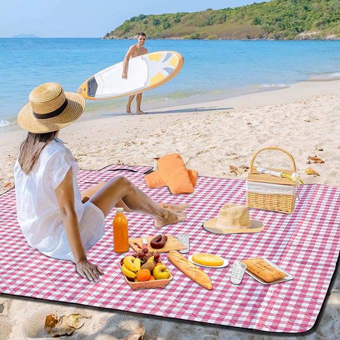 ZUBOND Picnic Blankets Waterproof Sandproof Foldable & Machine Washable, 80''x100'' Extra Large Beach Blanket, Simple Stylish Gingham Outdoor Grass Lawn Park for Family Camping Party
