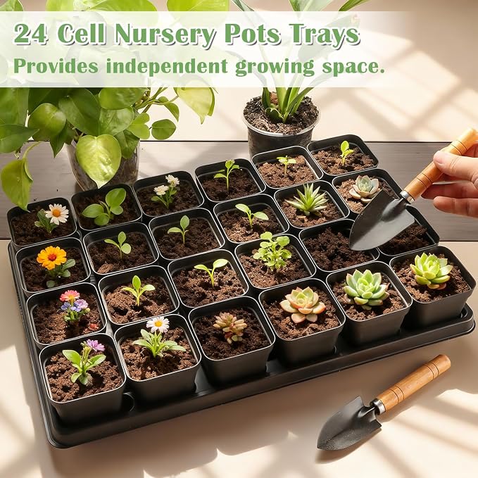 RooTrimmer 24 Cell Nursery Pots Trays 10 Pack (17"x11"x1.6"), Reusable Plastic Plant Pot Tray with Drain Holes, Carrying Seed Starter Tray for Holding 2.8 inch (7CM) Square Nursery Pots (Black)