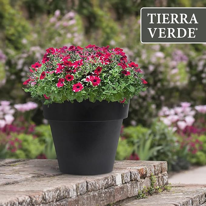 Tierra Verde Indoor & Outdoor Self-Watering Round Planter Pot, Baritone, 18" x 16", Black - Decorative Planting Containers for Plants and Flowers - Gardening and Flowering Accessories