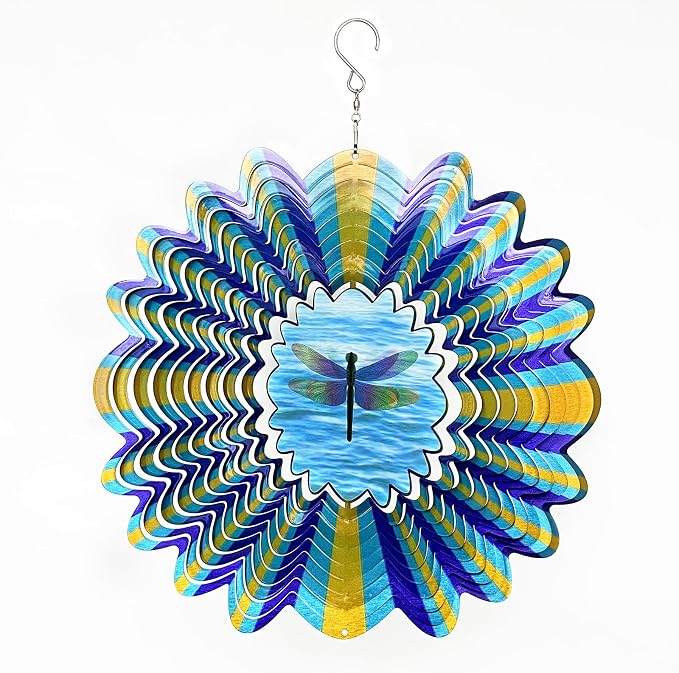 Animated Dragonfly Wind Spinner, 12inch Kinetic Metal Garden Decor | Creates Dragonfly Animation Effect. 3D Hanging Sculpture, Yard Art Patio Ornament, Outdoor Décor, Creative Gift for Women Men