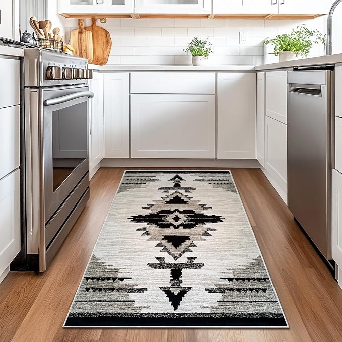 Western Area Rug Southwestern Aztec Navajo Washable 3x5 Rugs for Living Room Bedroom Southwest Tribal Gray Beige Non-Slip Soft Floor Large Carpet for Office Entryway Bathroom
