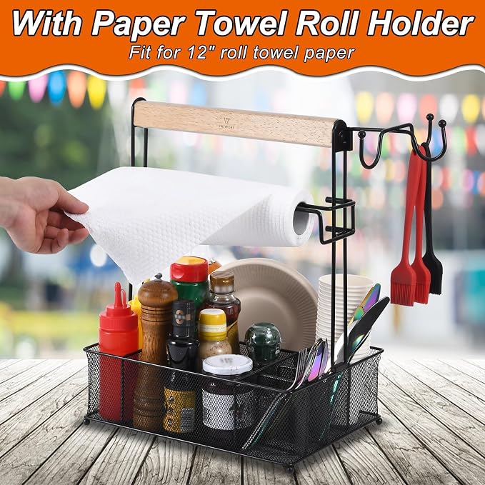 VIKEYHOME Grill Caddy, Picnic BBQ Organizer for Camping Outdoor Mesh Basket with 3 Hanging Hooks and Paper Towel Holder, Ideal Table Storage Tools for RV Camper/Tailgating/Flatware