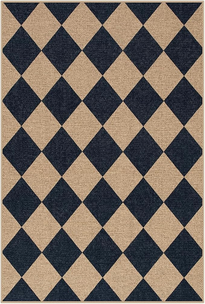 Lahome Checkered Easy Jute Non Slip Front Door Mat, 2x3 Kitchen Rug Neutral Small Throw Rug, Farmhouse Diamond Washable Non Shedding Low Pile Black Floor Carpet for Entryway Front Porch Doorway