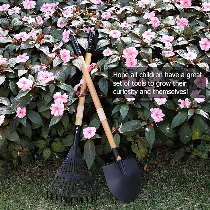 Kids Garden Tool Set, 2-Piece Rake and Shovel with Wooden Handles, 28 Inch Long, Black Metal Gardening Tools for Boys and Girls Digging Sand, Outdoor Toy Gifts for Sandbox