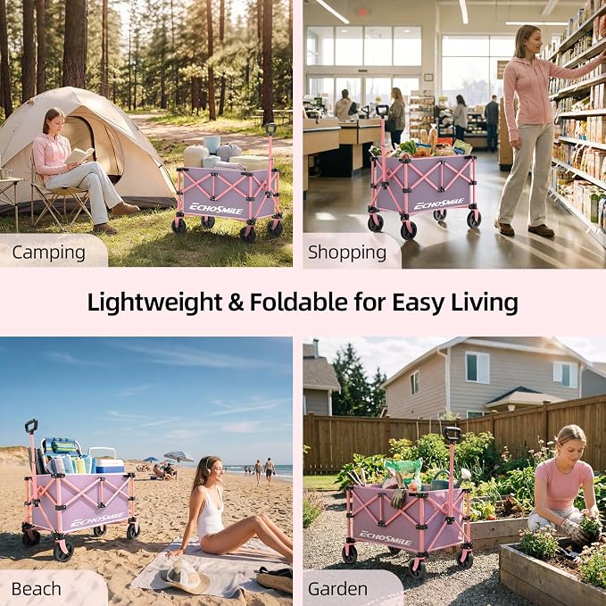 EchoSmile Lightweight Collapsible Wagon Cart, Compact Foldable Wagon for Grocery, Camping & Sports, Easy Fold Utility Wagon,Pink&Purple