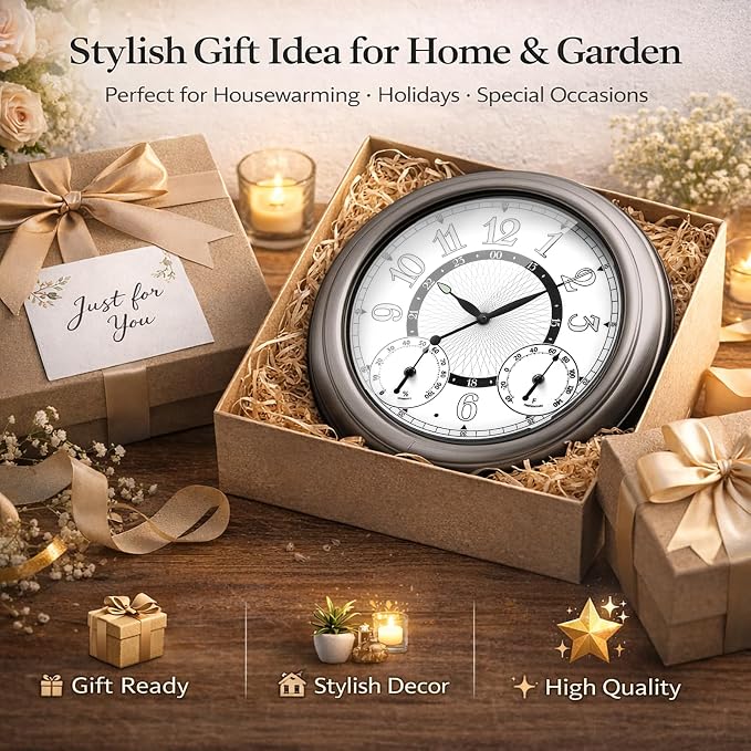 Pytha Sight Illuminated Large Metal Outdoor Clocks Waterproof 18 Inches With AI Auto Light Smart Sensor,Extra Big Indoor Outdoor Wall Clocks With Thermometer & Hygrometer for Patio, Pool, Garden,Porch