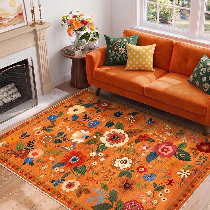 RELEANY Floral Washable 3x5 Area Rugs BurntOrange | Flower Carpet, Print, Boho, Non-Slip, Easy to Clean, Soft, Low Pile for Living Room Bedroom Kitchen Office Entryway Hallway