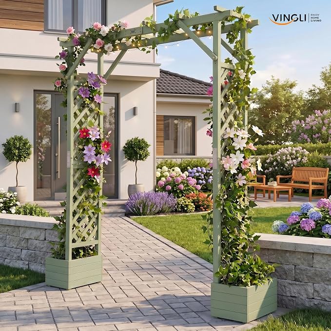 VINGLI Wooden Garden Arbor with Planter, Wedding Arch for Ceremony, Wood Garden Arbour Trellis for Plant Climbing, Pergola for Garden Backyard, Lawn, Outdoor (Olive Green)