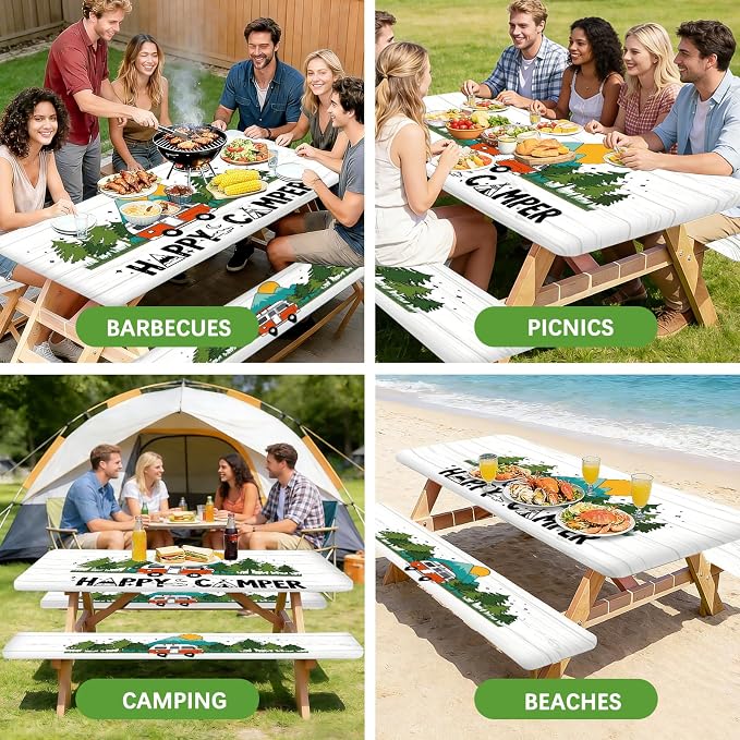 Picnic Table Cover with Bench Covers Elastic Edges, 3 Pcs Forest Fitted Table Cover with Drawstring Bag, Waterproof Windproof Aesthetic Camping Tablecloth, Outdoor Camping Essentials 72 Inch