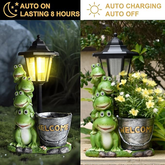 Solar Frog Statue for Outdoor, 13.4 Inch Outside Frog Family Ornaments with Lantern and Flowerpot for Garden Decor, Balcony, Patio, Yard, Lawn -Birthday Gifts for Women Grandparents
