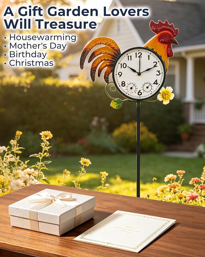 Rooster Outdoor Clock with Thermometer & Hygrometer | 41" Garden Stake or Wall Mount Design Weather-Resistant Metal Easy-to-Read Dial Farmhouse Garden Decor