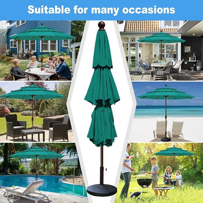 Eurmax USA 10-Year-Non-Fading 10FT 3-Tier Outdoor Patio Market Umbrella,UPF50+ UV Resistant,Heavy Duty Commercial Grade,Crank Lift Design,Windproof Vented Top for Garden,Pool,Deck,Teal