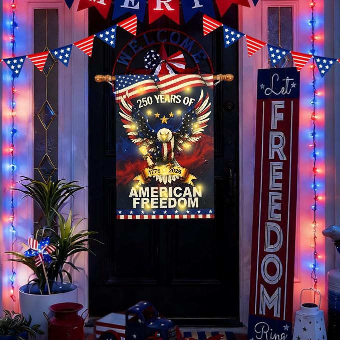 Lighted 250th Anniversary USA Garden Flag for Outside, Solar Led Double-sided Patriotic Banner with 1776-2026 250 Years of American Freedom Design for Independence Day, July 4th Decor (LED USA Eagle, 28 x 40 Inch)