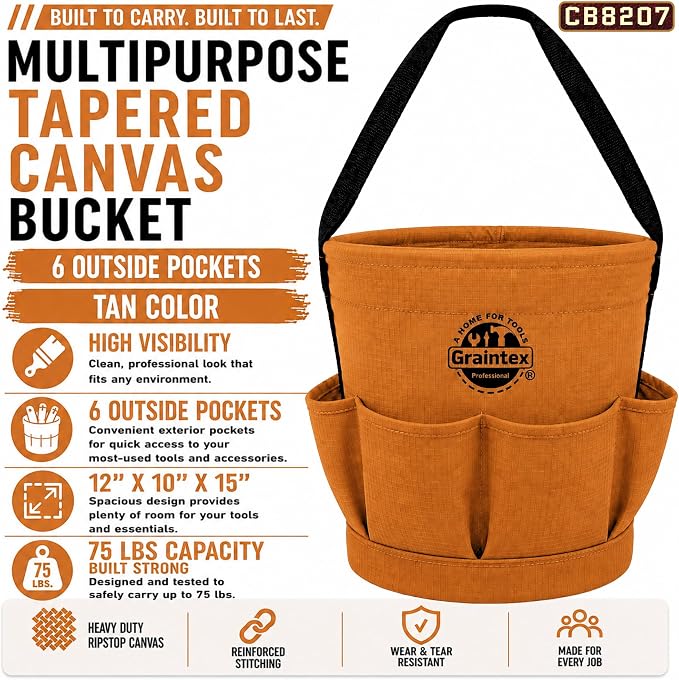 Graintex Tapered Canvas Bucket 12"x10"x15", Utility Tool Bucket 6 Pockets Outside, Reinforced Base & Carry Handle, Ripstop Canvas, Multi-Purpose Bag for Jobsite & Home Use - Tan