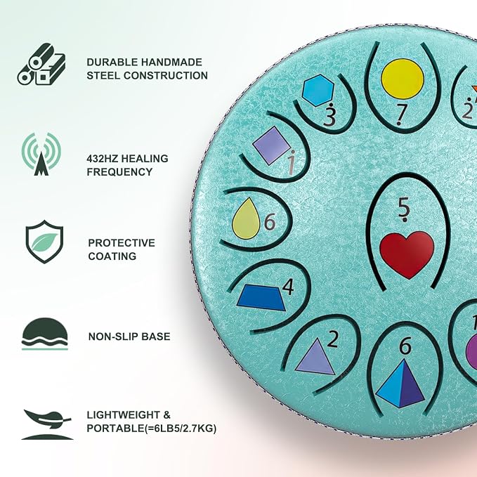 REGIS Rain Drum for Outside Garden, 6.8 Inches 13 Notes Steel Tongue Drum, Waterproof Meditation Rain Chime, UV-Printed Notes & Geometric Design, with Bag, Mallets & Music Book(malachite)