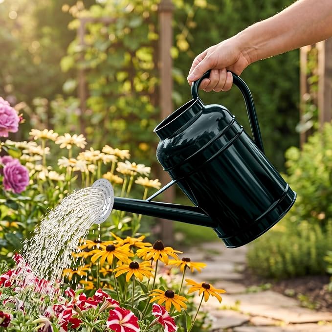 LONGRUN 2.3 Gallon Dark Green Metal Watering Can for Plants and Garden with Removable Spout, Made of Galvanized Iron