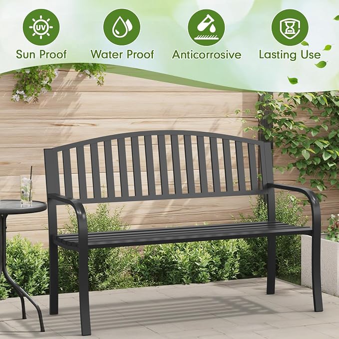 50" Outdoor Bench, Heavy-Duty Metal Frame Graden Bench, Weatherproof Patio Park Bench for Front Porch, Park, Yard, Patio