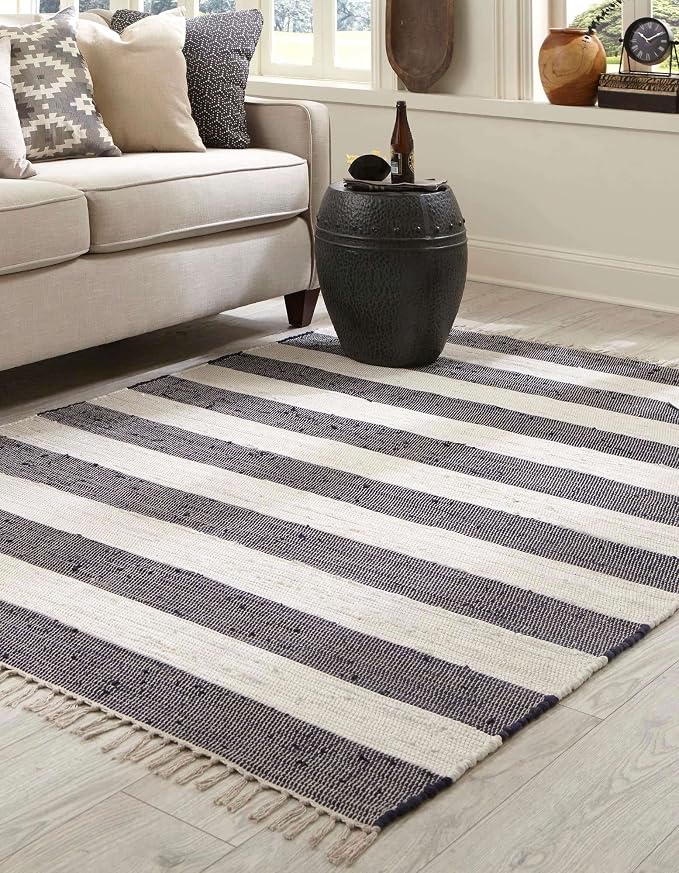 Unique Loom Chindi Rag Collection Area Rug - Striped (10' x 13' 1" Rectangle, Navy Blue/ Ivory)