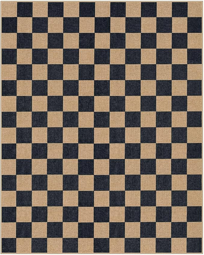 Lahome Colette Checkered Easy Jute 8x10 Rug, Washable Rugs for Living Room Office, Farmhouse Neutral Non Slip Non Shedding Stain Resistance Indoor Outdoor Carpet for Balcony Patio Classroom