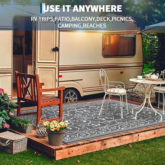 Garvee Outdoor Rug 9x18 Outdoor Patio Rug Reversible Plastic Straw Rugs Waterproof Foldable Mat Easy Clean Lightweight Carpet for Backyard Camping Porch RV Beach Balcony Deck Picnic Vintage Grey