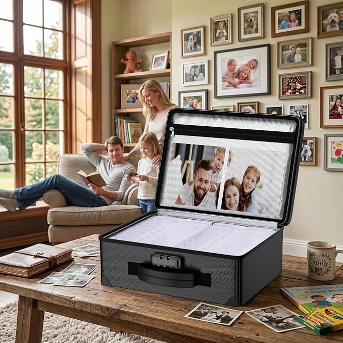 ENGPOW Fireproof 5200°F Photo Storage Box with 16 Inner 4" x 6" Photo Case(Clear), Photo Organizer with Lock, Portable Acid-Free Photo Keeper Safe Storage with Handles for Home, Office, Travel