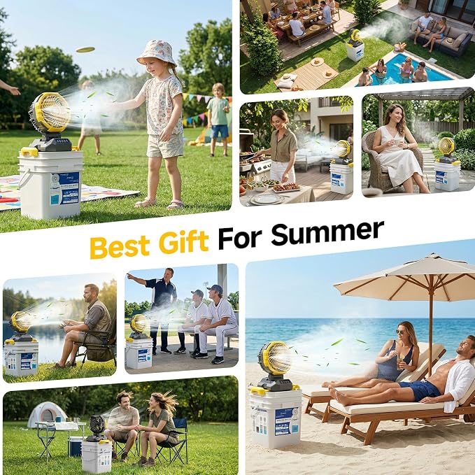 Portable Misting Fan with 6.6 Gallon Bucket, 30000mAh Rechargeable Battery Powered Floor Cooling Fan with 4 Strong Winds & 4 Spray Mister, Outdoor Oscillation Fans for Camping/Patios/Beach/Worksite